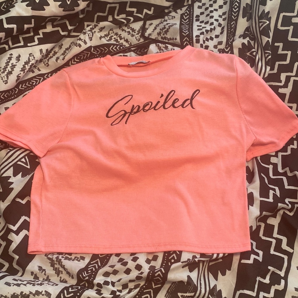 Pink “Spoiled” saying crop top